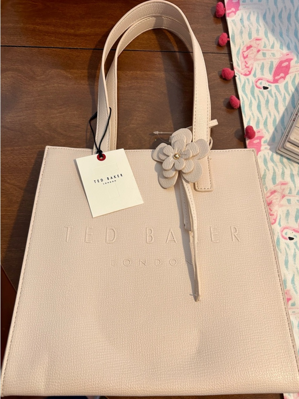Ted Baker Cream Textured Leather Tote with Floral Charm